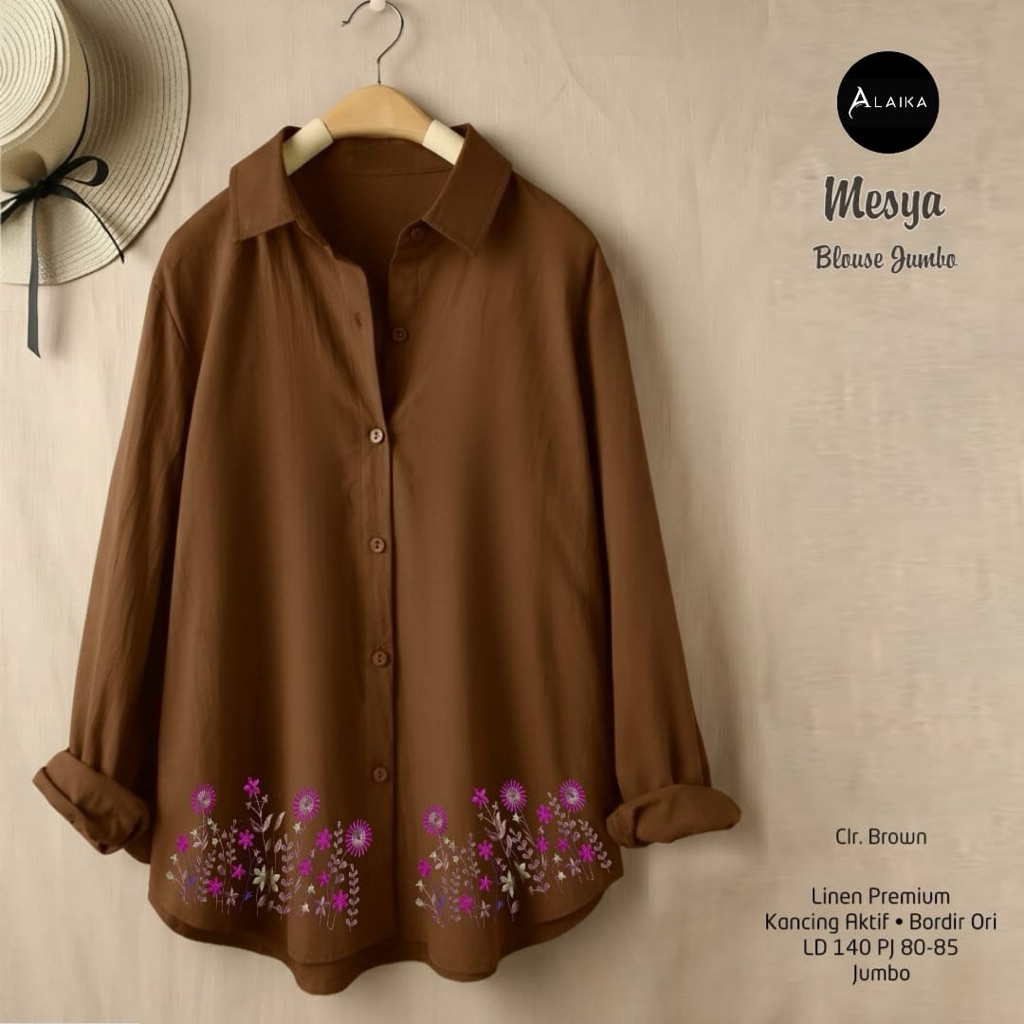 Mesya Blouse Jumbo. Busana Baju Atasan Kemeja Wanita Bahan Katun Linen Oversize Motif Bordir Bunga M