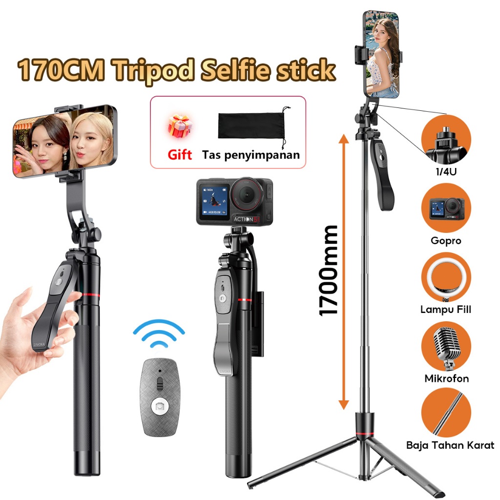 shotgo Tongsis Tripod Bluetooth 170CM Paduan Aluminium Tripod Bluetooth Remote LED Lampu HP Kamera D