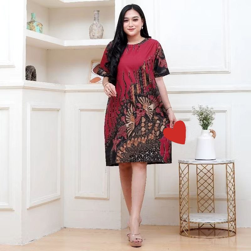 Dress Batik Wanita Modern Lengan Pendek Merah Maron Biru Navy Premium Elegan Atasan Kantor Jumbo