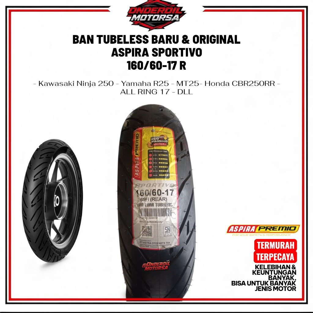 ( SPECIAL PROMO ) RING 17  Aspira Premio Sportivo 160 / 60 - 17 Tubeless tapak besar