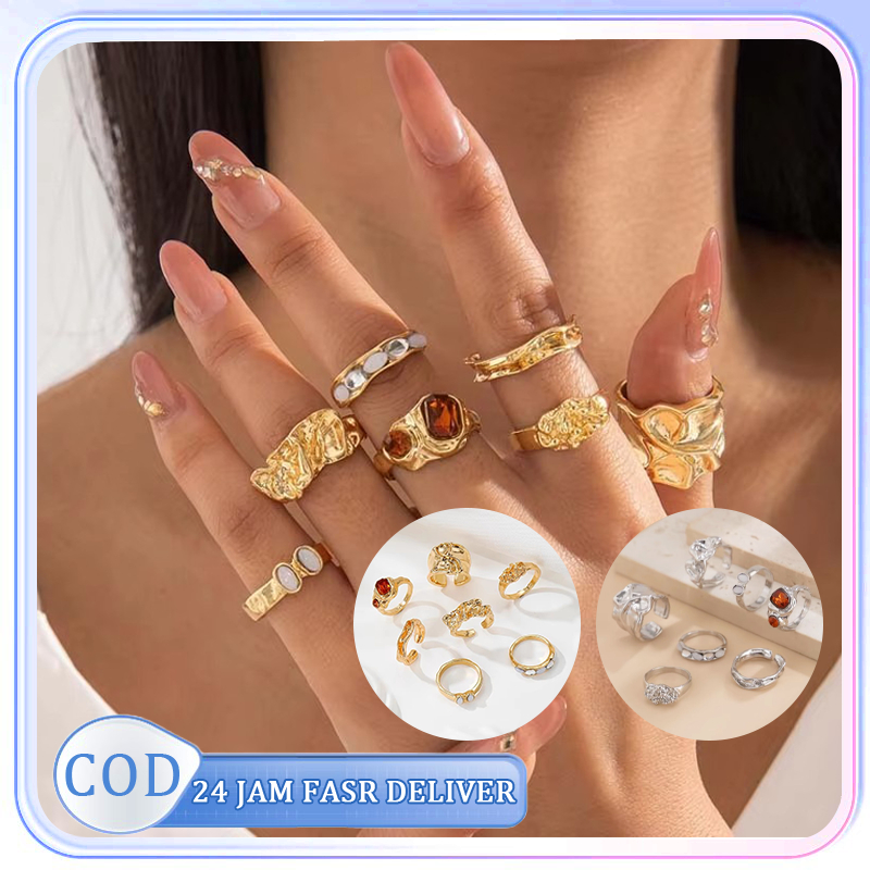 7pcs Cincin Fashion Set Geometris Vintage Set Cincin Timbul Logam