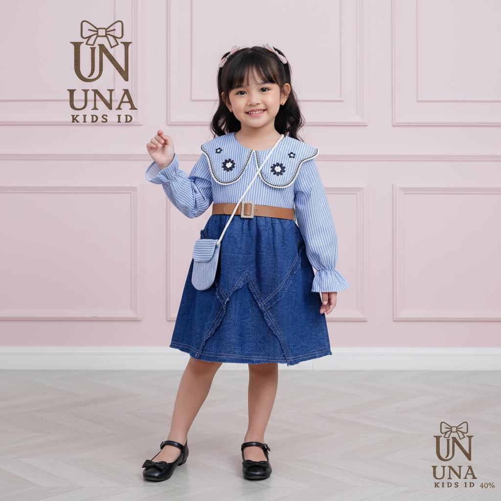 UNA KIDS Dress Salur Jeans Set Ikat Pinggang & Tas Kecil Anak Cewek Fashion 3-12 TAHUN