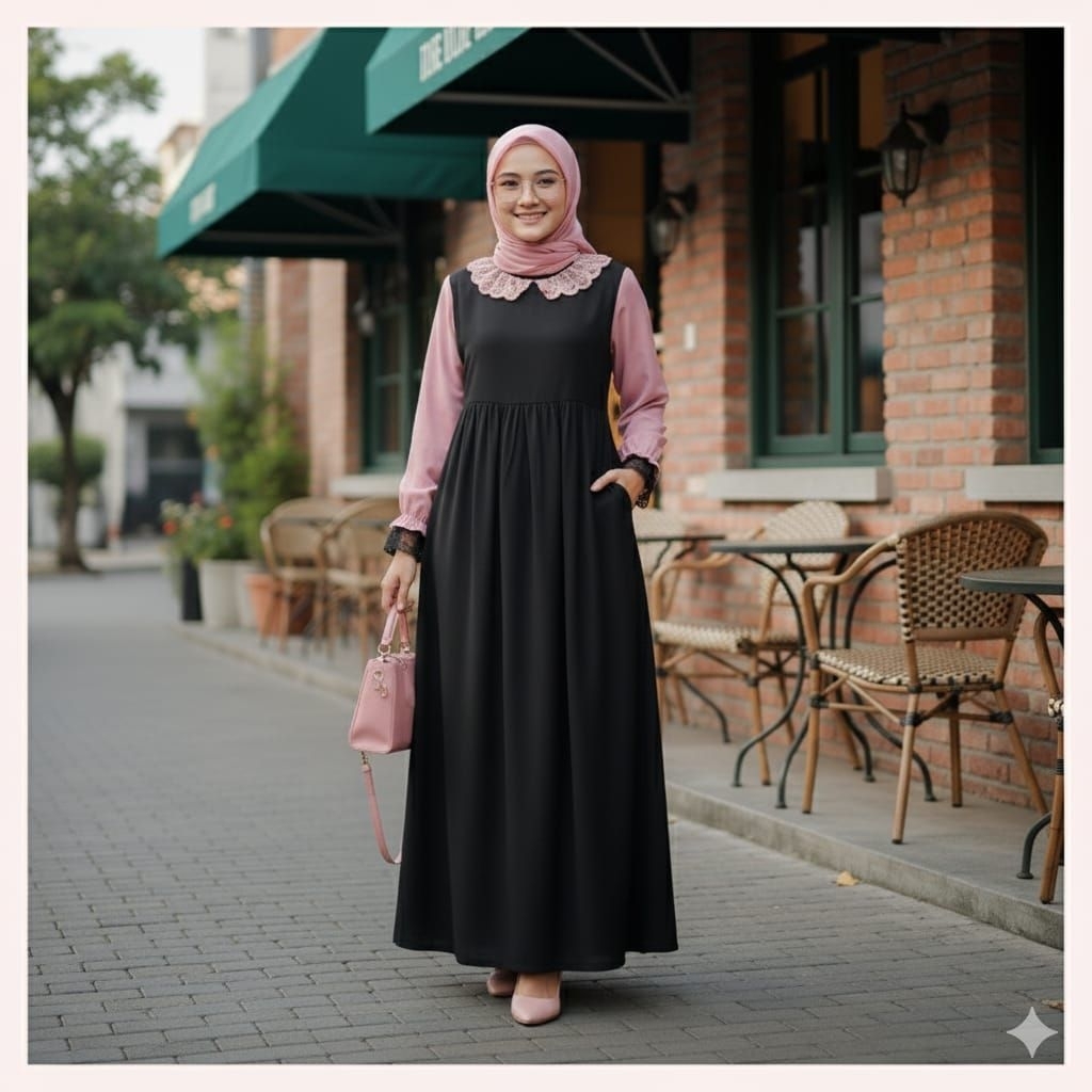 MARYA/ GAMIS PINK HITAM RENDA