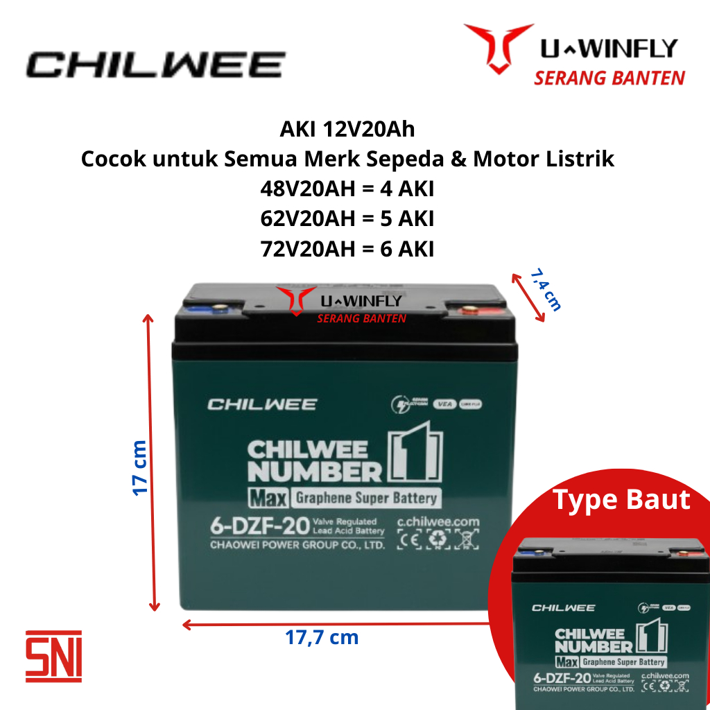 Aki Sepeda Listrik CHILWEE 6-DZF-20 / 6DZF20 - Baterai Sepeda Listrik 12V - 20AH