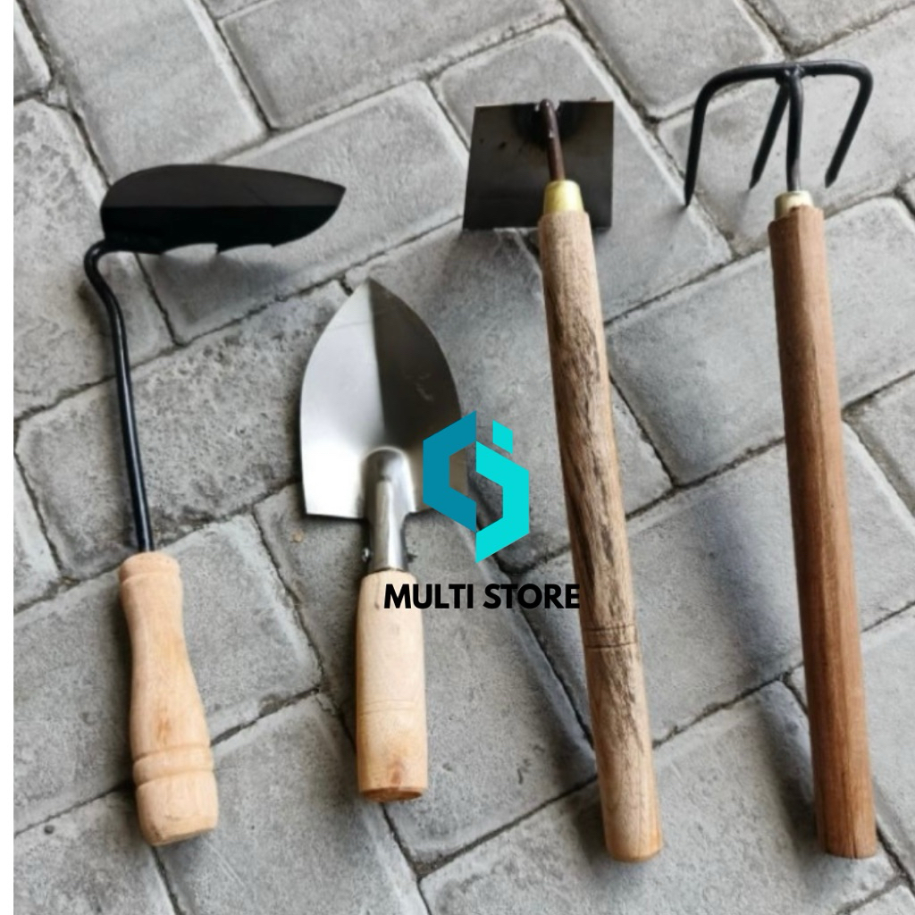 paket set peralatan berkebun cangkul garuk mini isi 5 pcs, sekop biru sabit, gergaji padi, sendok se