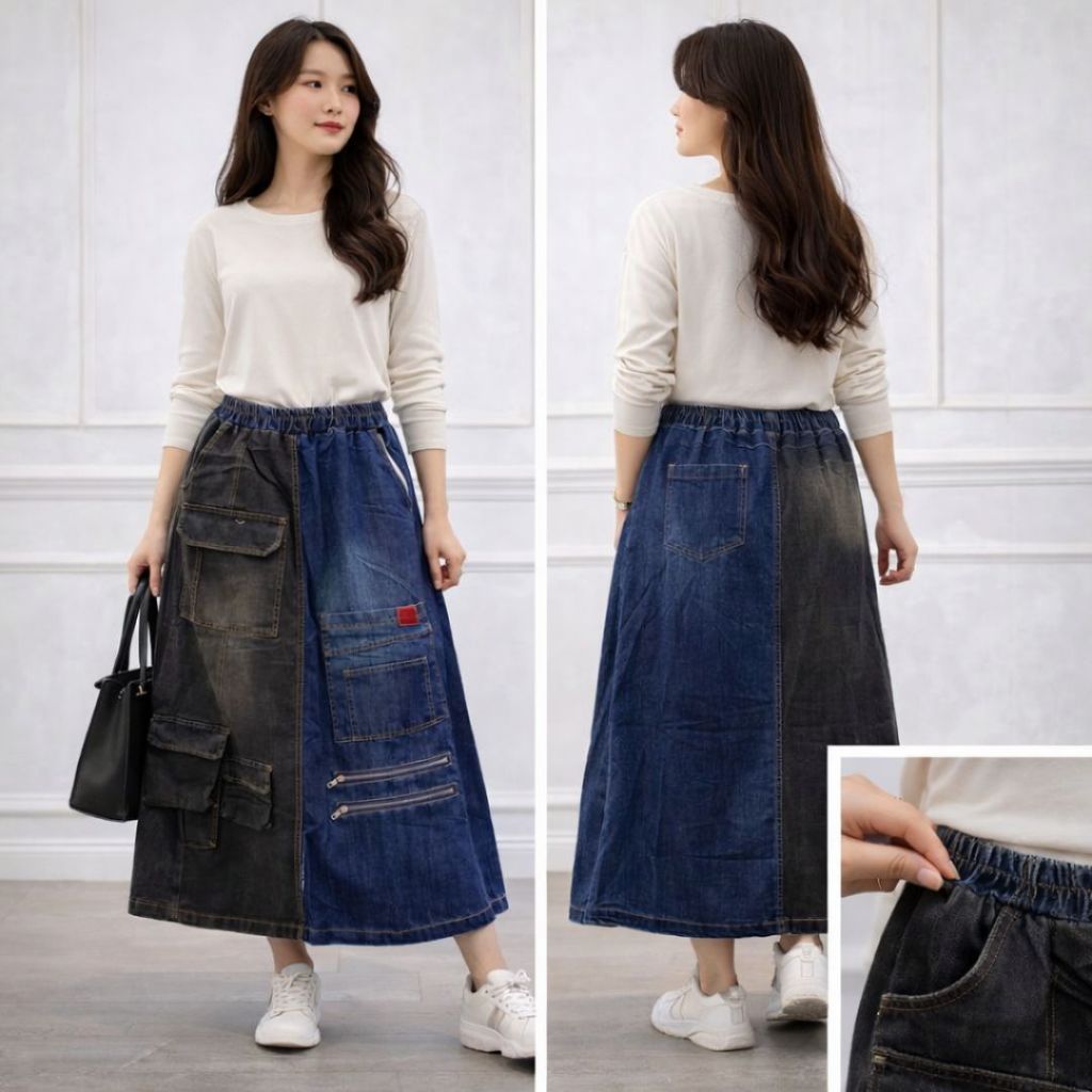 Rok Jeans Washed Wanita Import Bangkok | Model Patchwork | Pinggang Karet | Fit to XL