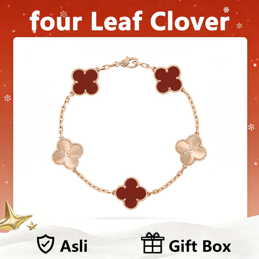 LOVE WHEEL Gelang Wanita four leaf clover 18k emas Vintage Alhambra 5-Motif Bracelet in Yellow Gold 