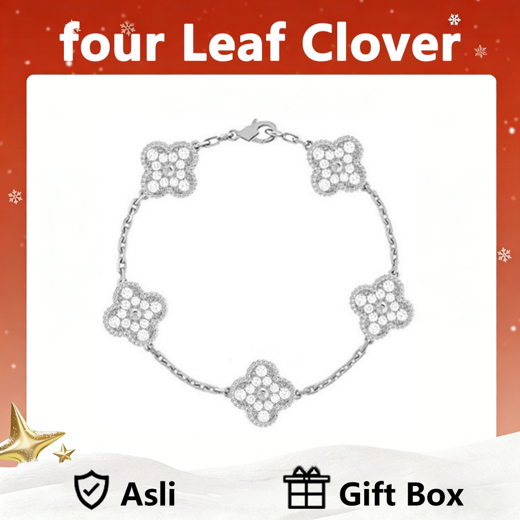 LOVE WHEEL Gelang Wanita four leaf clover Vintage Alhambra 5-Motif Bracelet in White Gold, Full Pave
