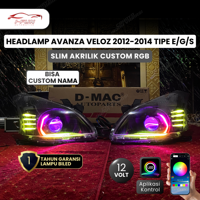 Headlamp Avanza Veloz 2012-2014 Tipe E/G/S Slim Akrilik Custom RGB Biled 3 Inch 12V Full RGB Sepasan