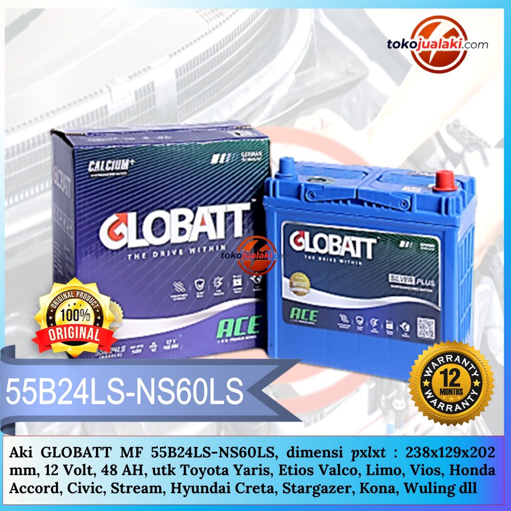 Aki Mobil GLOBATT MF NS60LS (55B24LS) untuk Wuling Cortez, Convero: Hyundai Stargazer: Suzuki Legacy