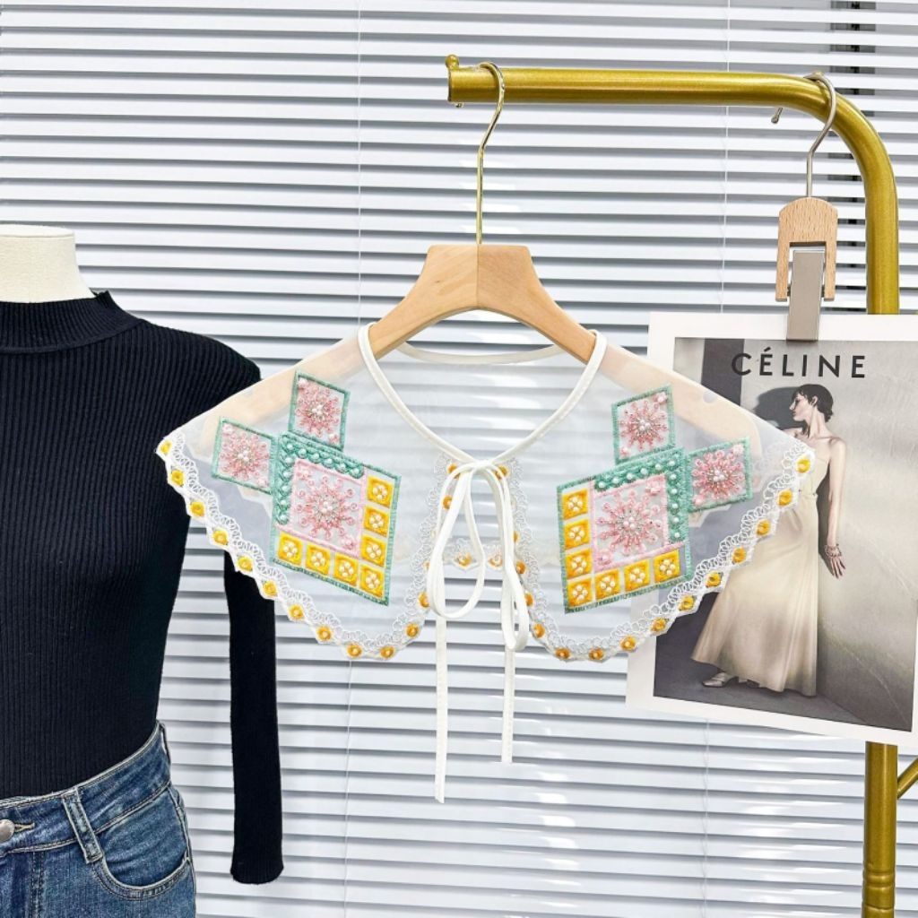 kerah bordir instan payet mutiara, fake collar, kerah lebar