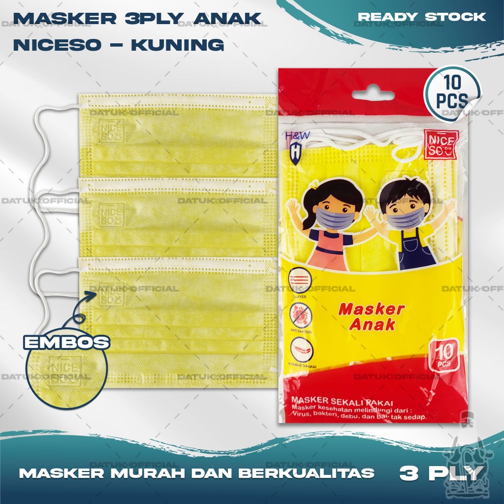 Masker Anak Medis 3Ply NICESO Isi 10Pcs Warna Kuning Yellow 3 Ply Earloop Surgical Mask Kemenkes