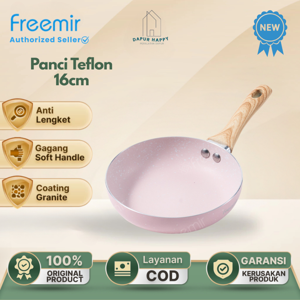 freemir Teflon Anti Lengket FryPan 16cm Penggorengan Teflon Cantik Pink Beigi Hitam Dapur Happy