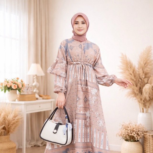 Maryam Dress Laudya Motif Bahan Silk Premium Reesleting Lengan Karet Busui Friendly dengan Desain El