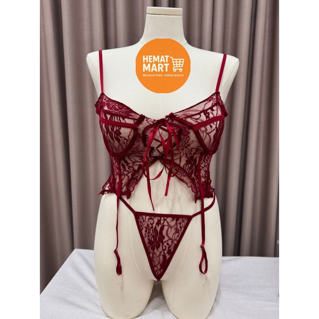 HematMart Lingerie Wanita Korset Set Bra kawat dan celana dalam + Stocking Lace
