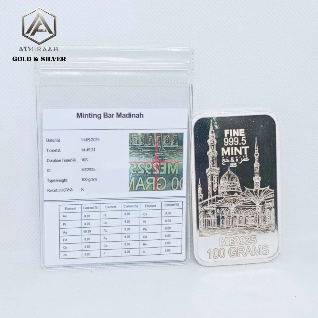 Silver Bar 100 Gram 999.5 Fine Mint Madinah ME2925 Sertifikat Asli Logam Mulia Perak Murni 99.9% Inv