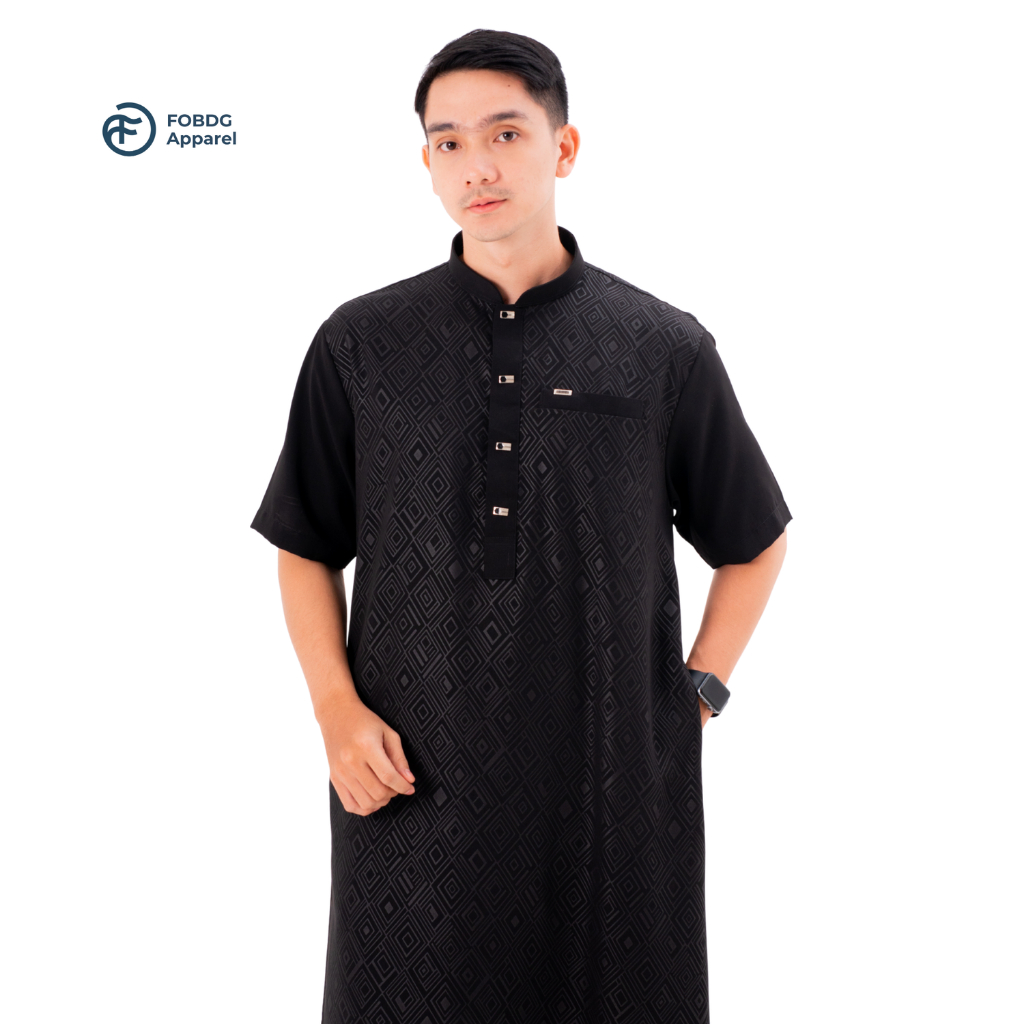 FOBDG Gamis Ebony Baju Jubah Pria Lengan Pendek Motif Embos