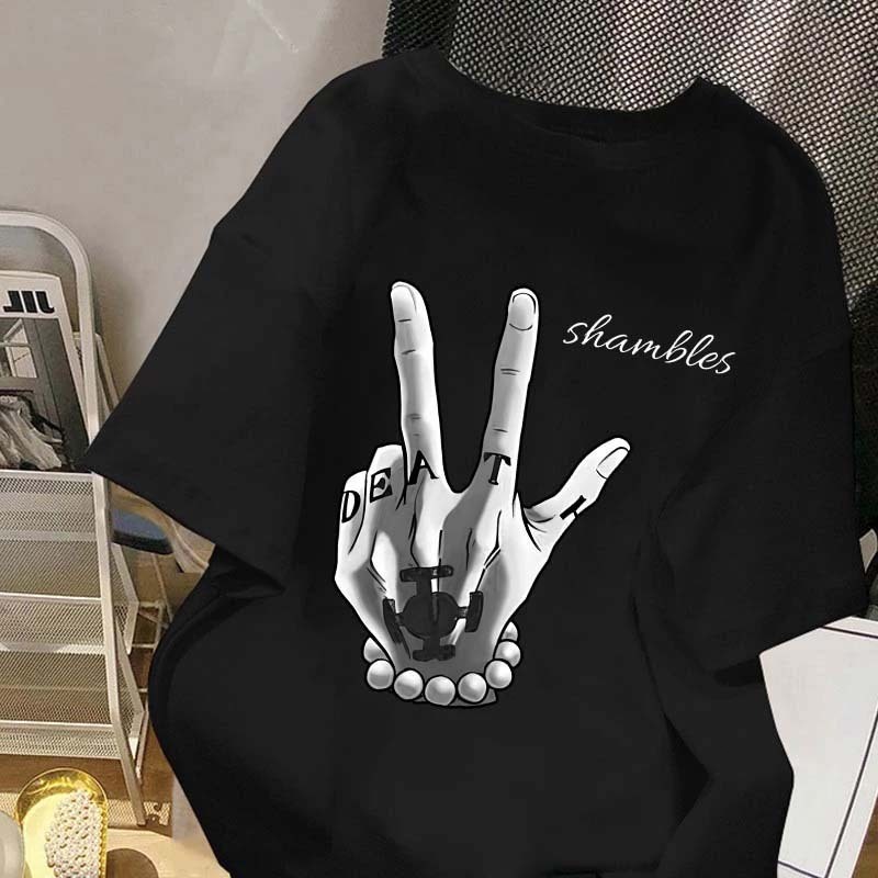 LEMARI.PUTRI Pola huruf "DEATH" dengan gestur tangan jalanan ala Harajuku | Kaos oversized couple | 