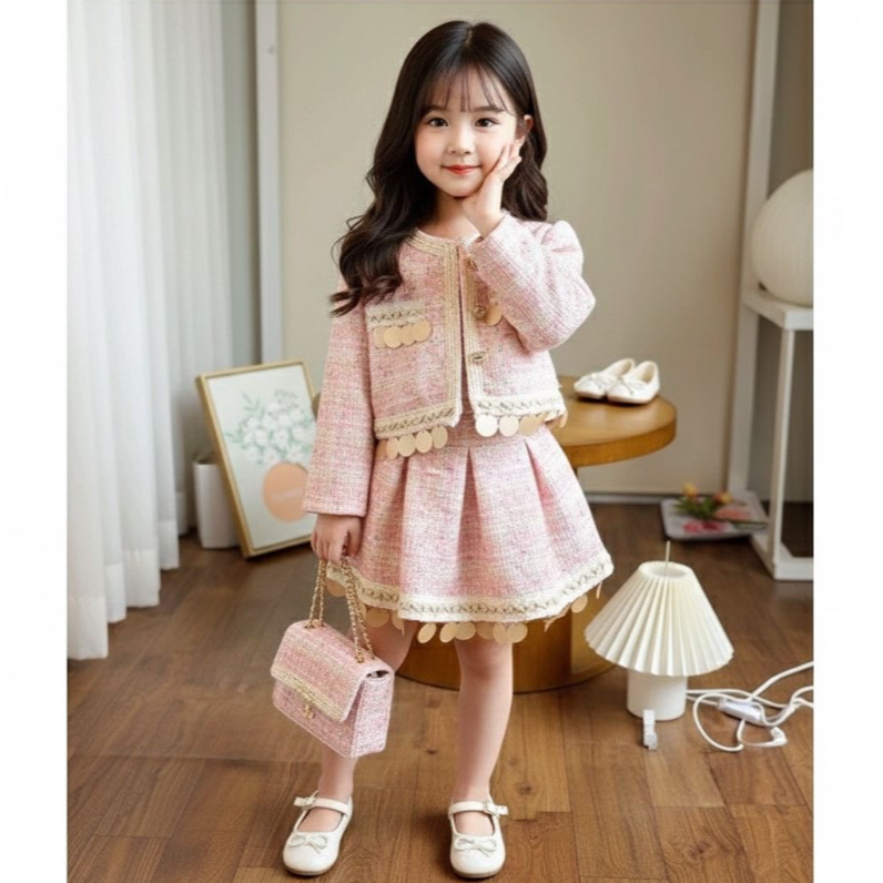 Setelan Tweed Anak Perempuan/Setelan Rok Anak/Setelan Pink Anak