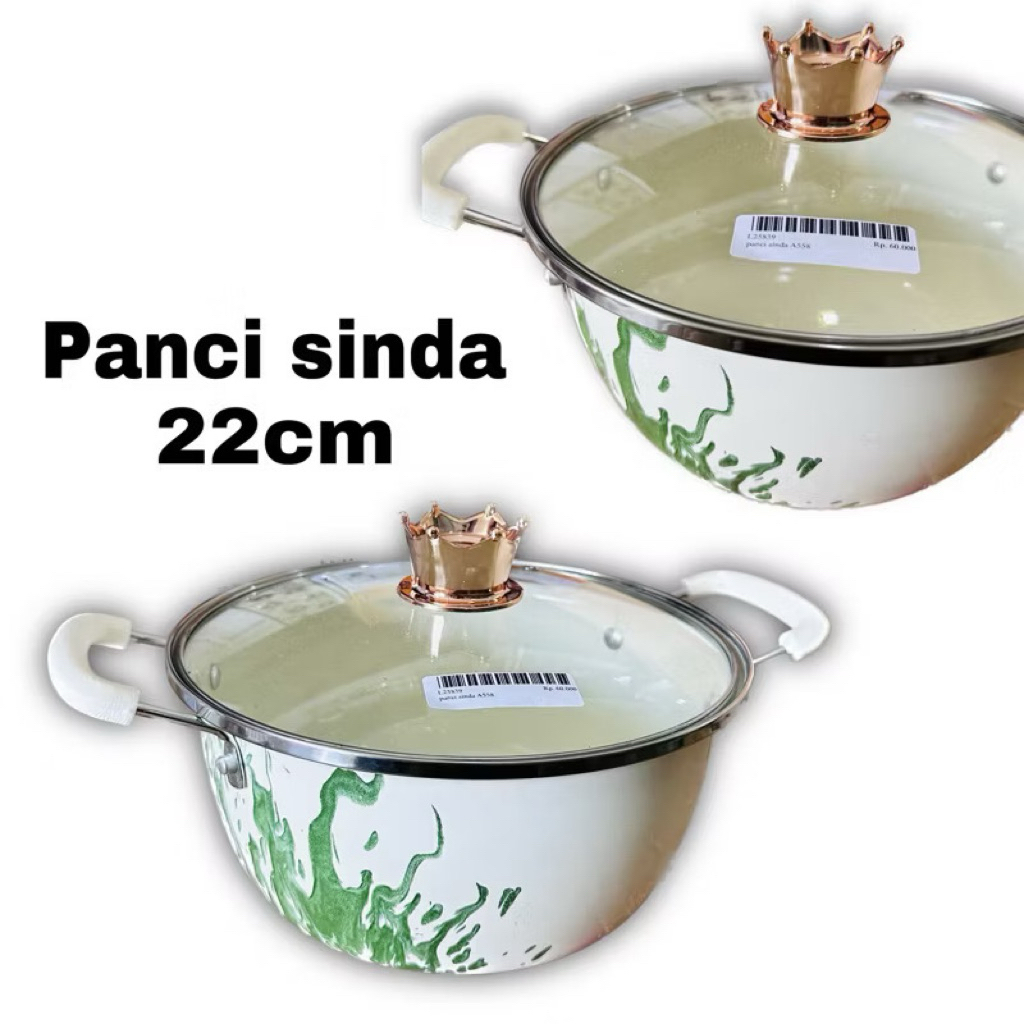 Panci Tebal Enamel jadul Ukuran 22cm Tutup Kaca Model Mahkota Gold Motif Loreng Batik