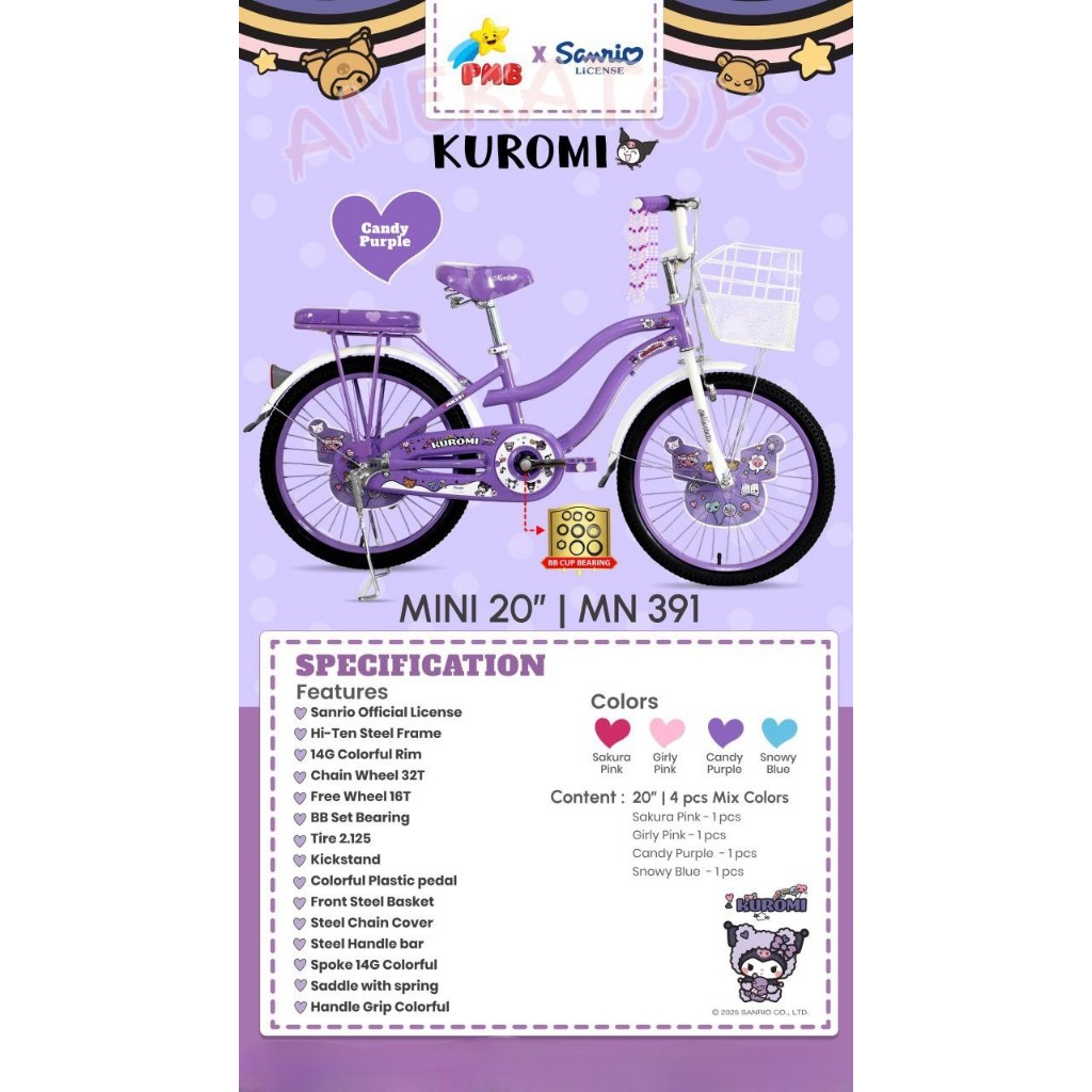 Sepeda Mini Anak Perempuan PMB Mortein MN391 Sanrio Kuromi 20x2.125 Inch Untuk Anak 8-12 Tahun