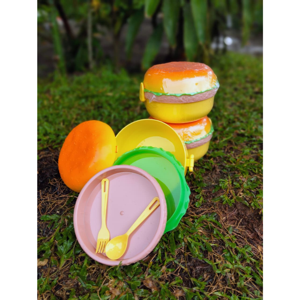 Kotak Bekal Bentuk Burger Hamburger - Lunch Box - Kotak Bekal Anak Unik Free Sendok Garpu - Wadah Be