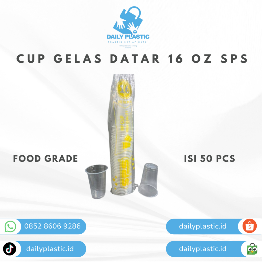 (50PCS) Gelas Datar Plastik SPS 16oz | Gelas Cup Plastik Datar | 16oz | Tebal Murah