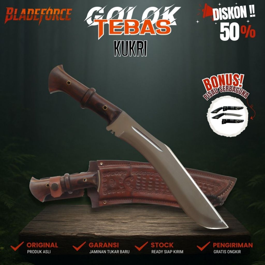 Pisau Tebas Model Kukri - Baja Polish Miror Sarung Kulit Asli