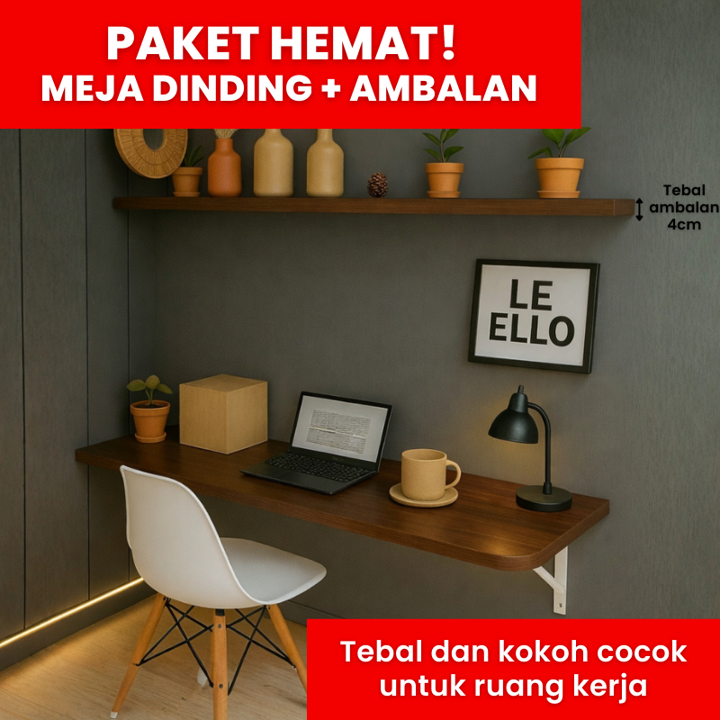 Meja Laptop Lipat Dinding + 1 Set Ambalan Dinding Aesthetic Tebal 4cm Tanpa Bor 120x60 100x50 80x40