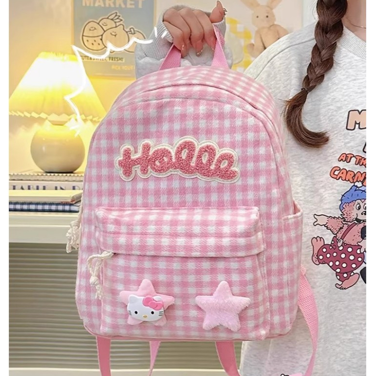 Tas Ransel Huruf Kotak-Kotak Merah Muda Ransel Sekolah Tas Ransel Lucu Terbaru Anak Sekolah Anak Per