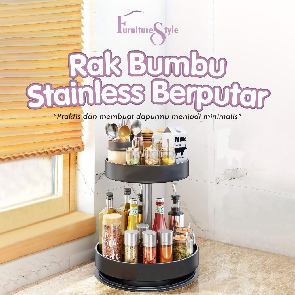 Rak Besi Bumbu Dapur 2 Susun Putar - Rak Besi Skincare 2 Tingkat - Rak Putar 360 Derajat Serbaguna