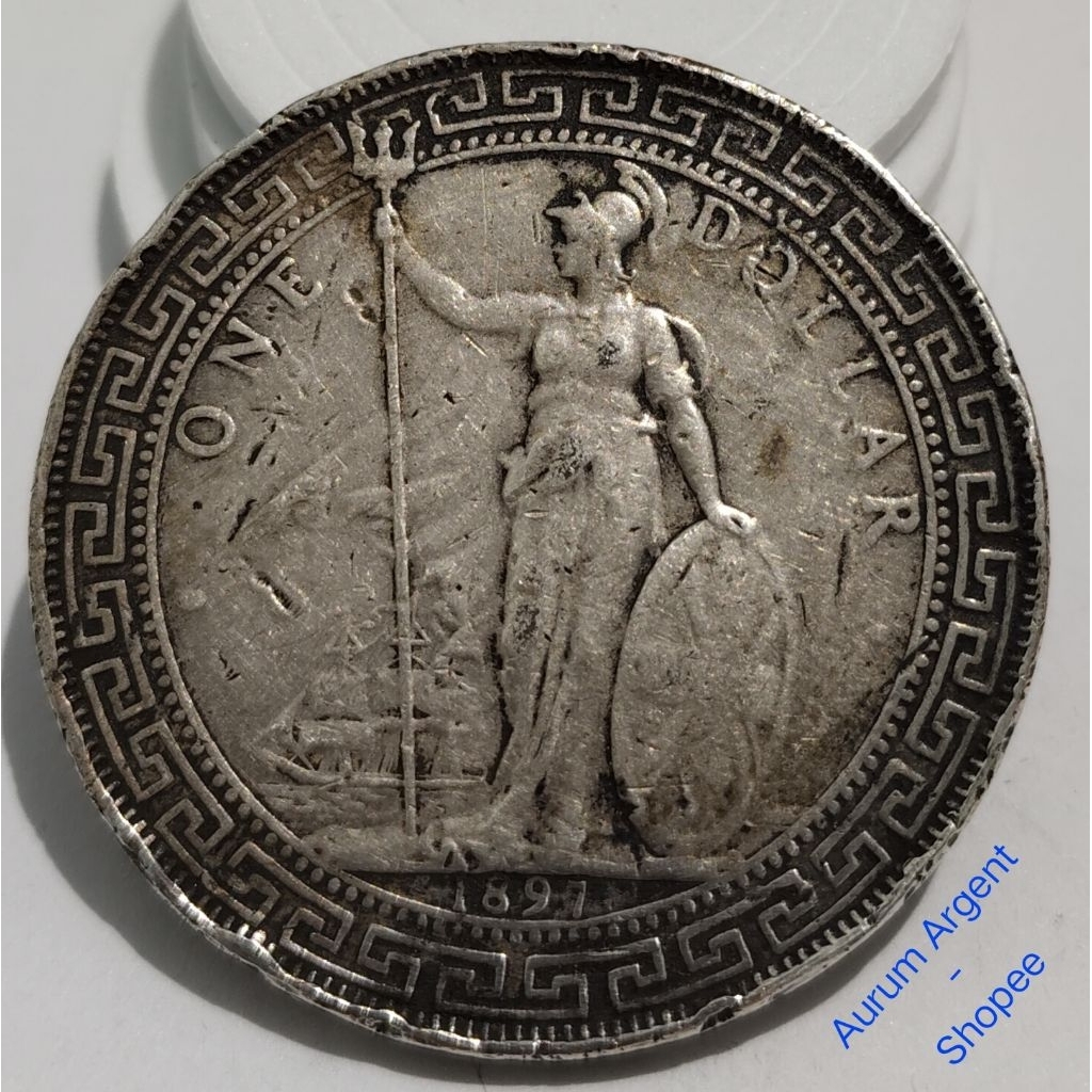 ZZ.12-- 1 PC KOIN KUNO PERAK ASLI ONE DOLLAR BRITISH TRADE DOLLAR TH 1897.-- COIN SILVER --