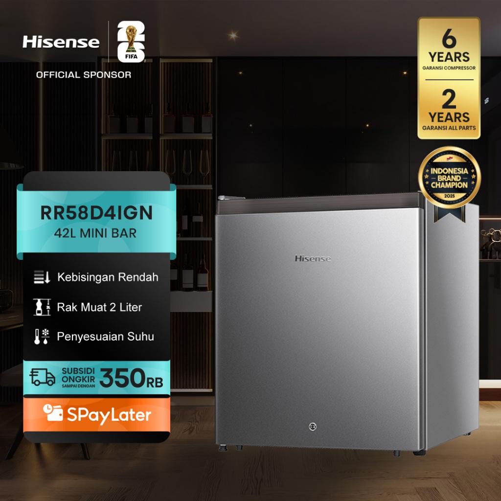 Hisense Kulkas RR58D4IGN Refrigerator Mini Bar Kapasitas 42L Warna Silver Tingkat Kebisingan Rendah 