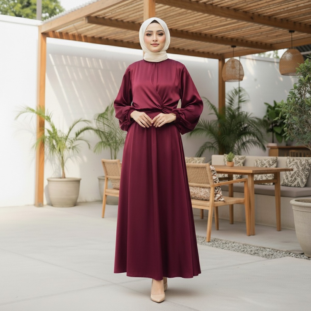 Najma Dress Gamis Terbaru Gamis Lebaran Abaya Satin Baju Wanita Muslimah Lebaran Maxi 2026 RMD08