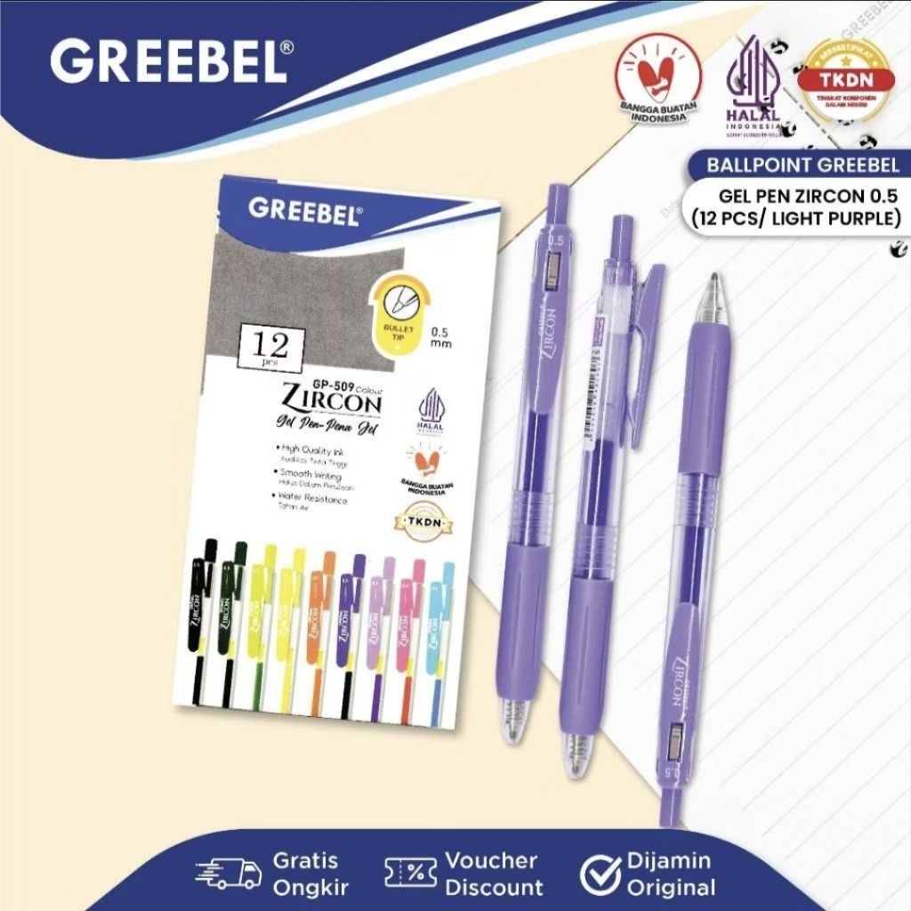 Greebel Pulpen Gel Zircon GP-509 Light Purple 0.5 mm (1 pack isi 12) / Ballpen Gel Zircon 0.5 mm Ung