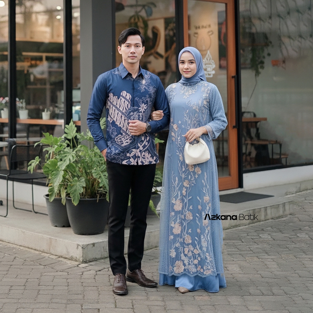 Baju Couple Gamis Brukat Kemeja Batik Pria Lengan Panjang Slimfit Katun Halus Premium Couple Kondang