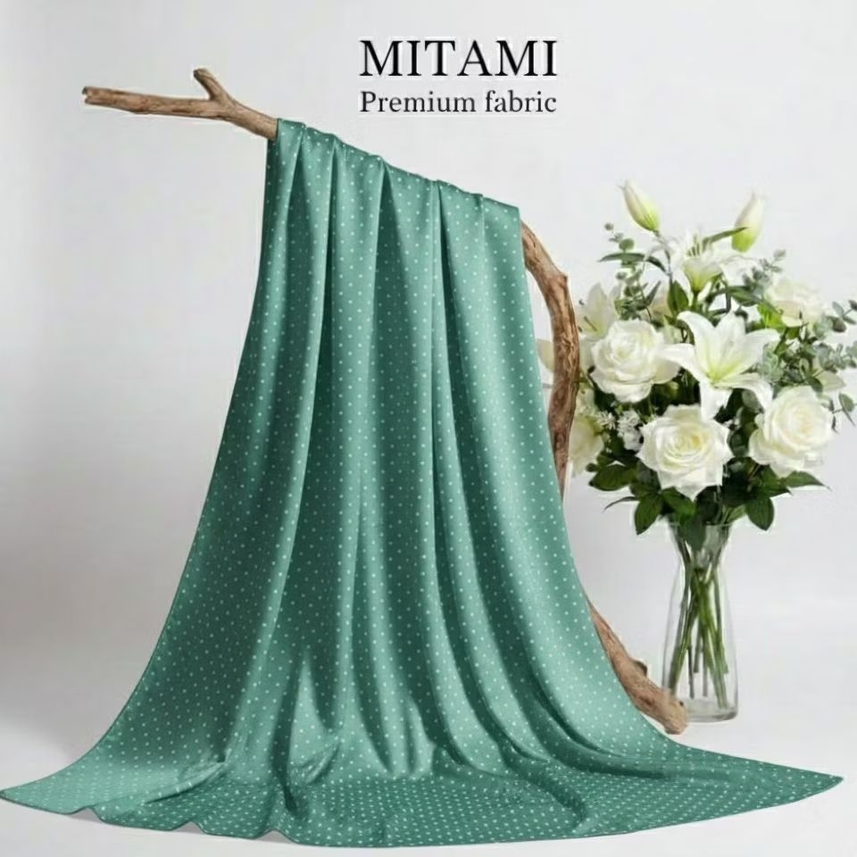 Satin Baby Silk Polkadot Silk Premium / Bahan Kain Satin Silk Import Hijau Tosca (Harga Per 0,5)3R