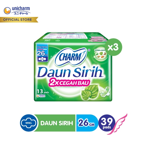 Charm Pembalut Herbal Ansept+ 26cm Wing Long 14 pads - 3 Packs
