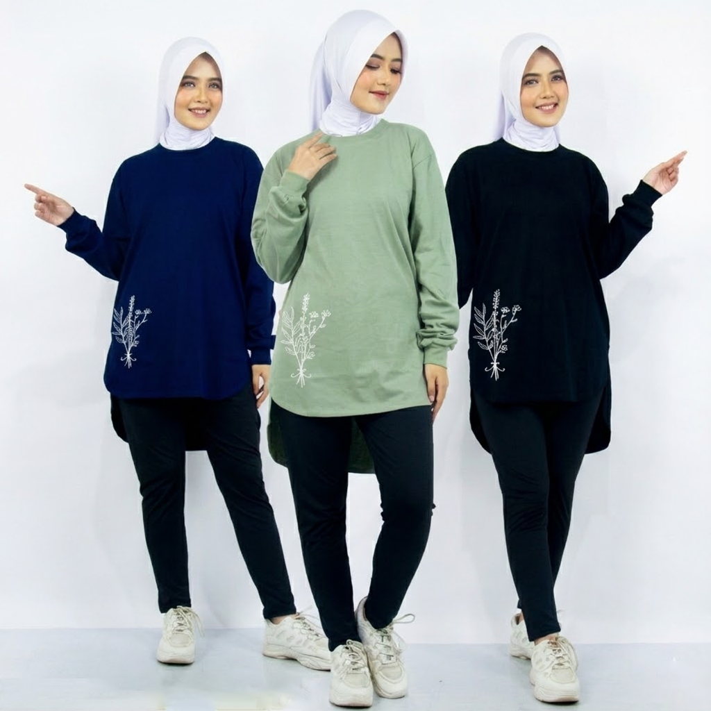 Tunic Kaos Wanita Lengan Panjang Motif - Kaos Lengan Panjang Wanita Premium Combed 20s