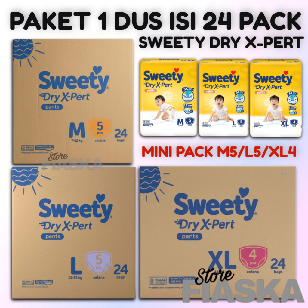 [1 DUS] Sweety Dry X-Pert Pants 1 Dus Isi 24 Pack Popok Celana Bayi Mini Pack Isi 5 Ukuran M5/L5/XL4