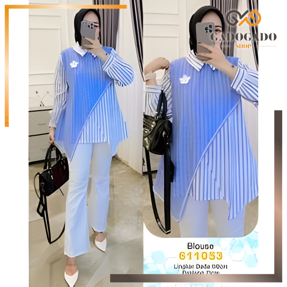GGS Baju Wanita Model Kemeja Blouse Wanita Kombinasi Katun Garis & Outer Brukat Biru Muda / Biru Tua