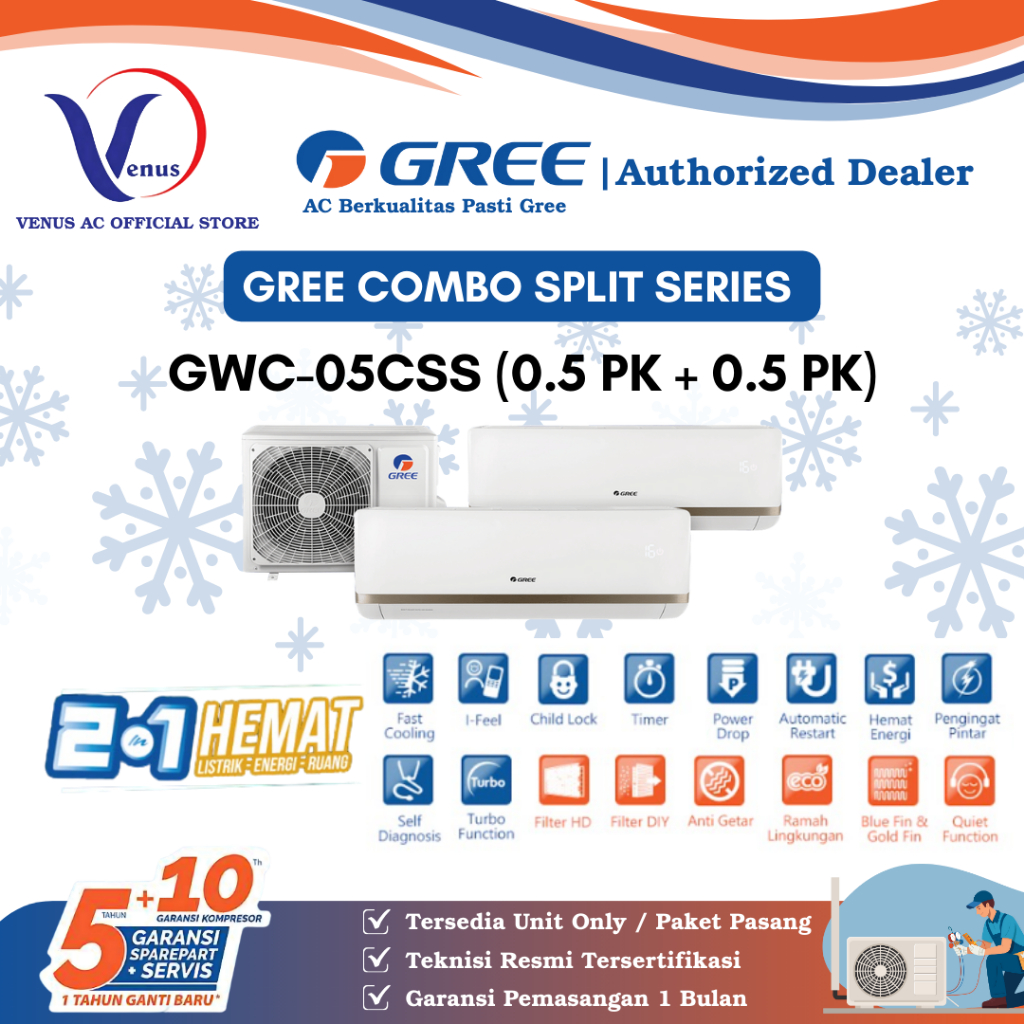 AC GREE 0.5 + 0.5 PK / 1/2 + 1/2 PK COMBO SPLIT SERIES GWC-0505CSS PAKET PASANG / UNIT ONLY