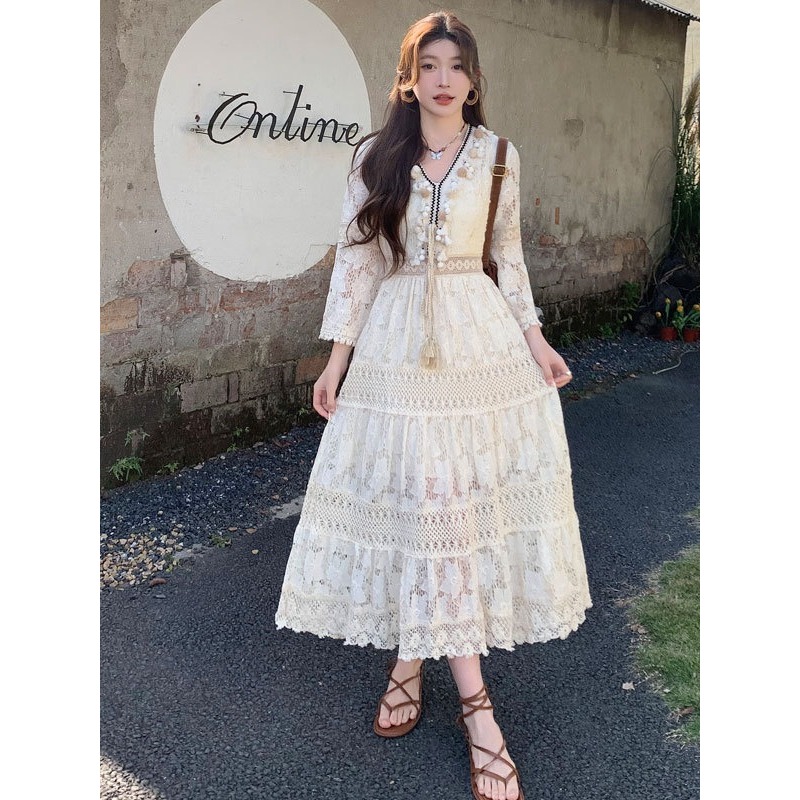 Dress Brokat Putih Wanita Panjang Import Premium – Long Dress Lace Premium Lengan 3/4, Gaun Elegan B
