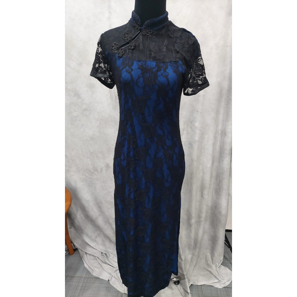 Long dress cheongsam brukat biru hitam press body