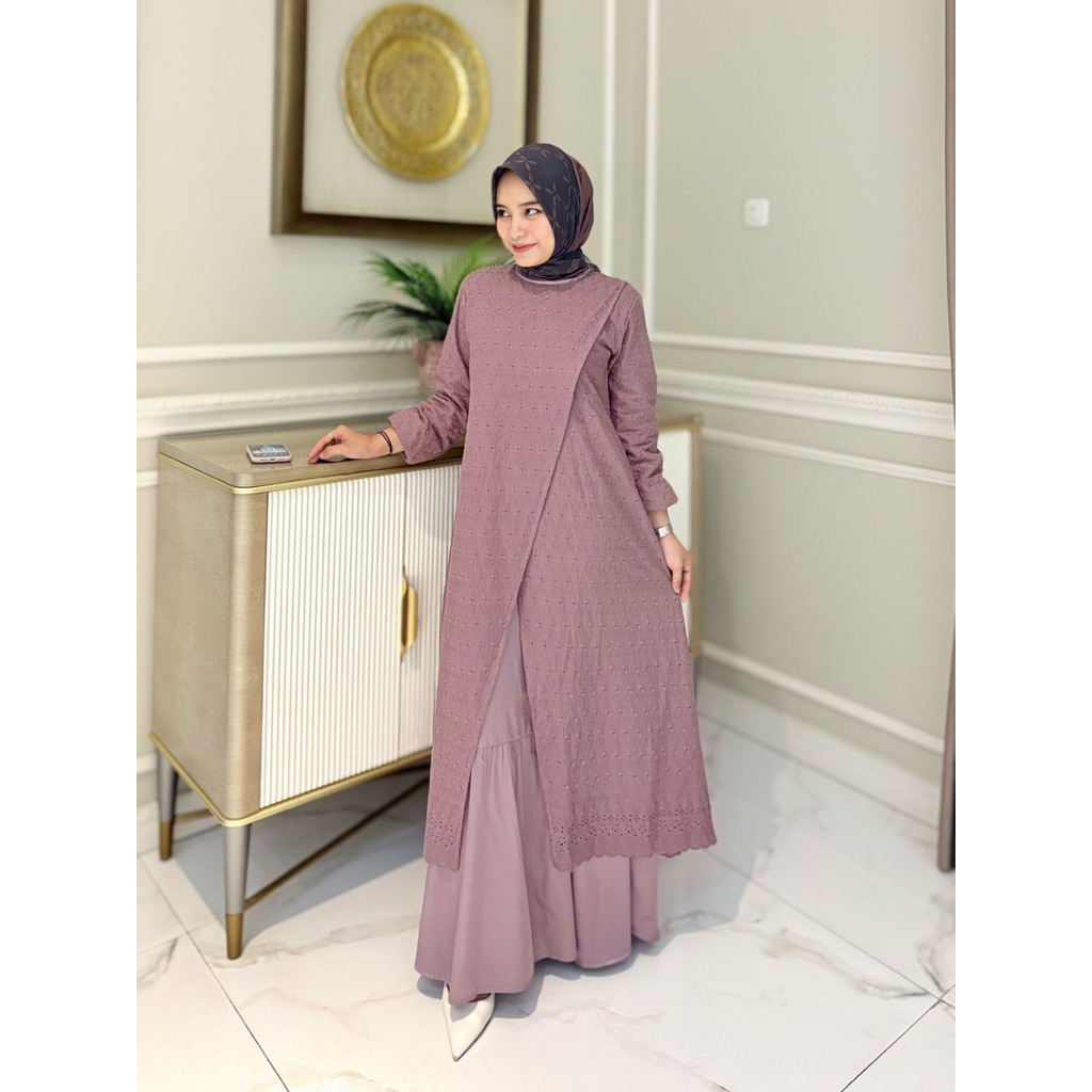 Gamis bahan katun Bordir mix  full furing armanisilk Retliting belakang Model katun bordir belah dep