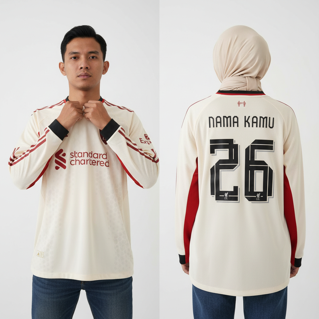 Longsleeve Jersey Lvrpl Away 2025 2026 LS Baju Bola Lengan Panjang Crem Long Sleeve Pasang Sablon Na