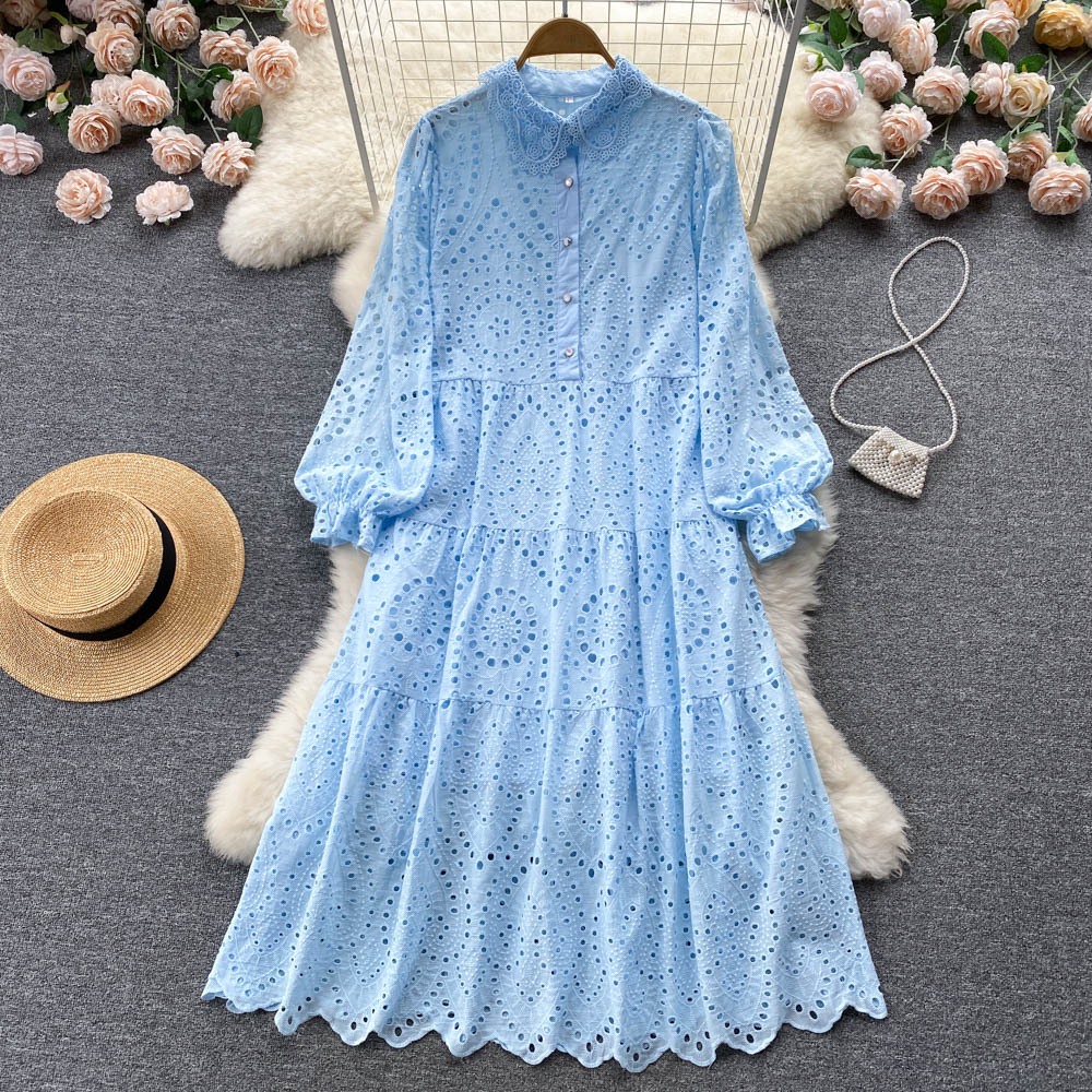 Dress Brokat Eyelet Wanita Import – Midi Dress Lengan Panjang Kerah Renda, Dress Korea Cantik Elegan