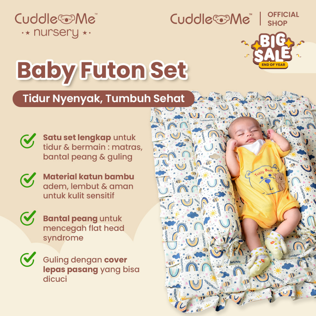 CUDDLEME Nursery - Futon Set Bayi 3-in-1 Kasur Lipat + Bantal Peang Guling Katun