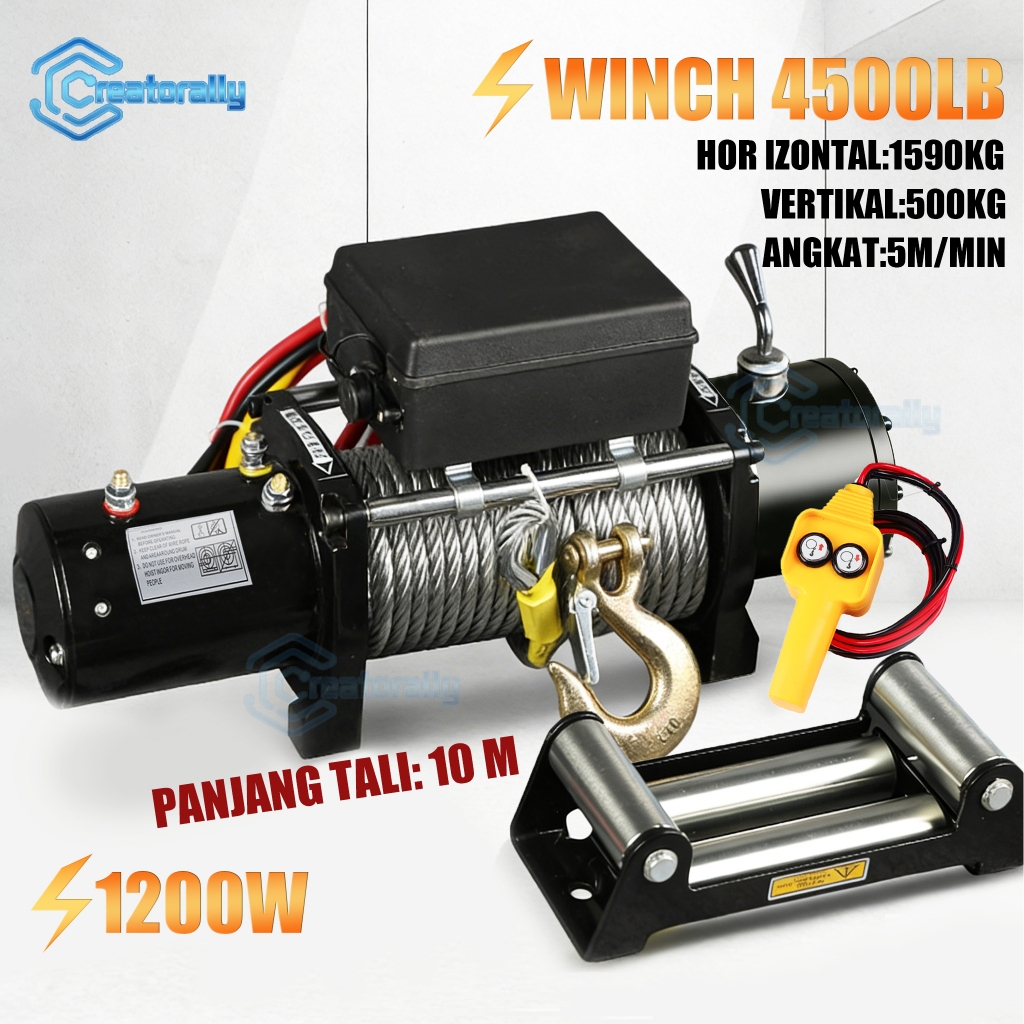 Winch Mobil Offroad 12 Volt 4500 Lbs Katrol Listrik 10 Meter Tali Sling Electric Hoist Crane