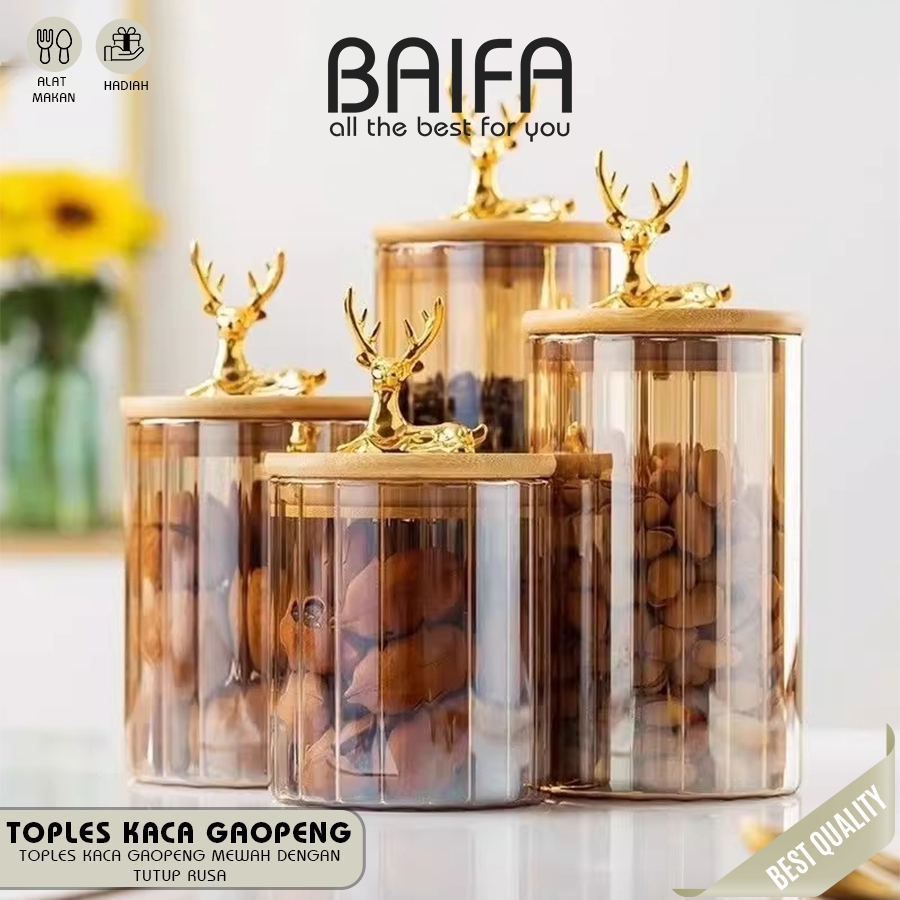 BAIFA – 1 Set 3 pcs Toples Kaca Tebal Tutup Kayu Rusa | Toples Snack & Kue Elegant
